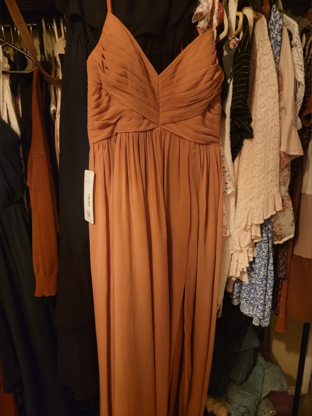 Azazie Rusty Clay Pleated V-Neck Maxi Dress